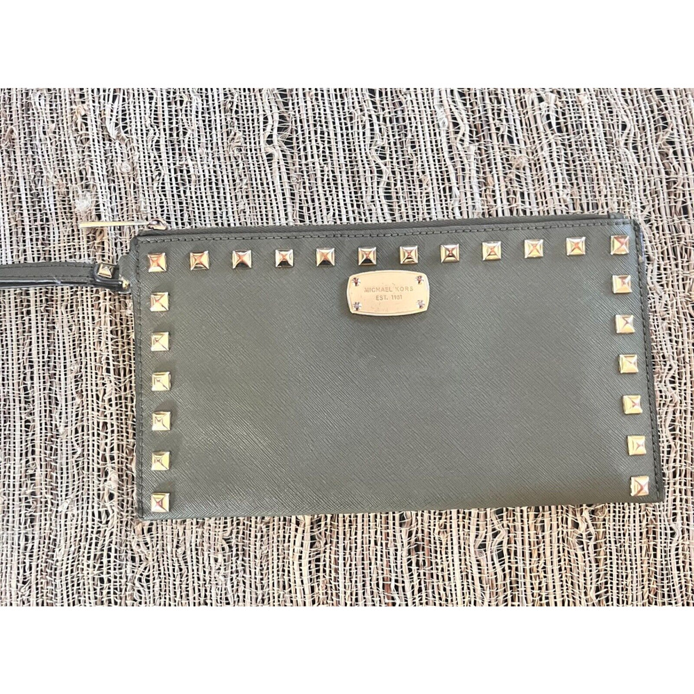 Michael Kors Studded Wristlet Wallet Olive Green and Gold Logo Zip Leather